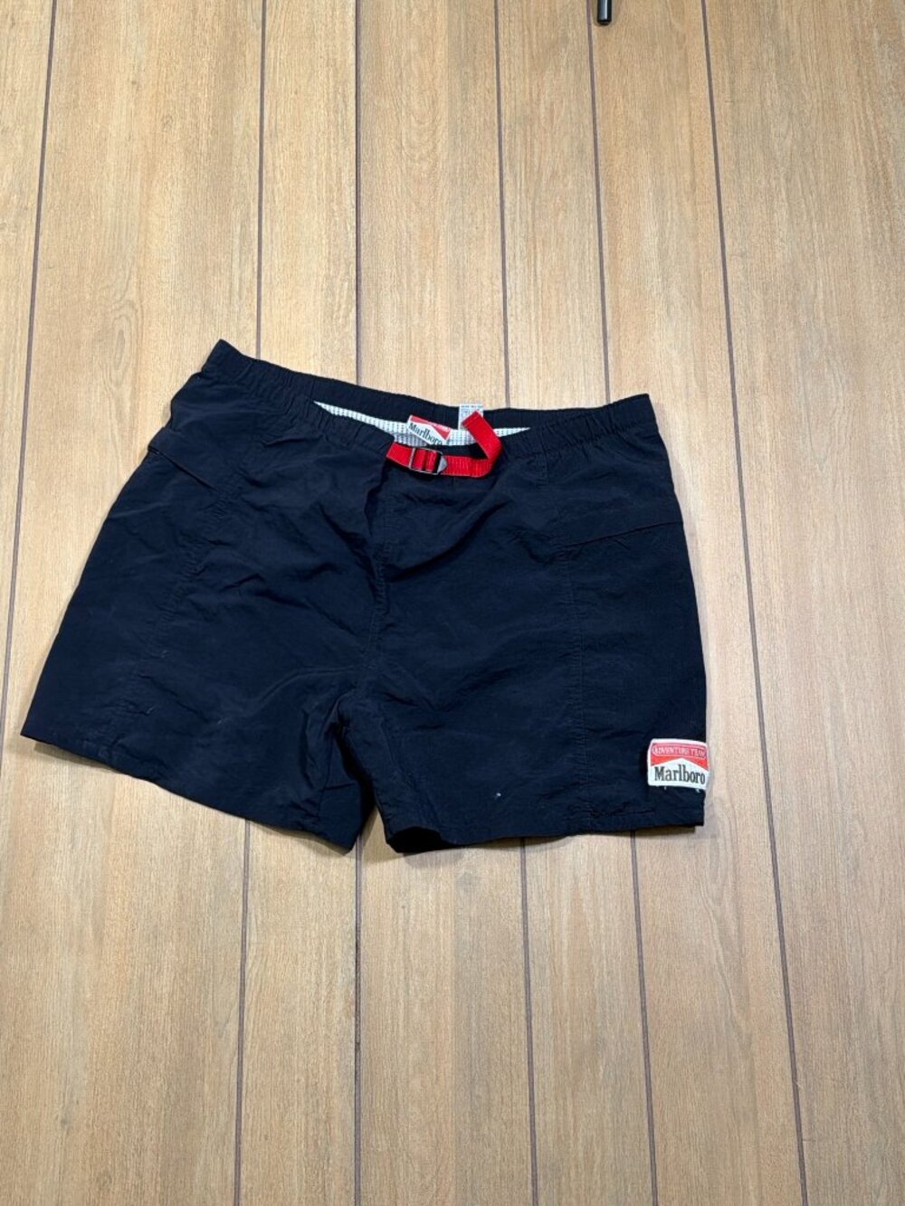 Vintage 90s Marlboro Adventure Team Nylon Belted Shorts Black Mesh Lined M